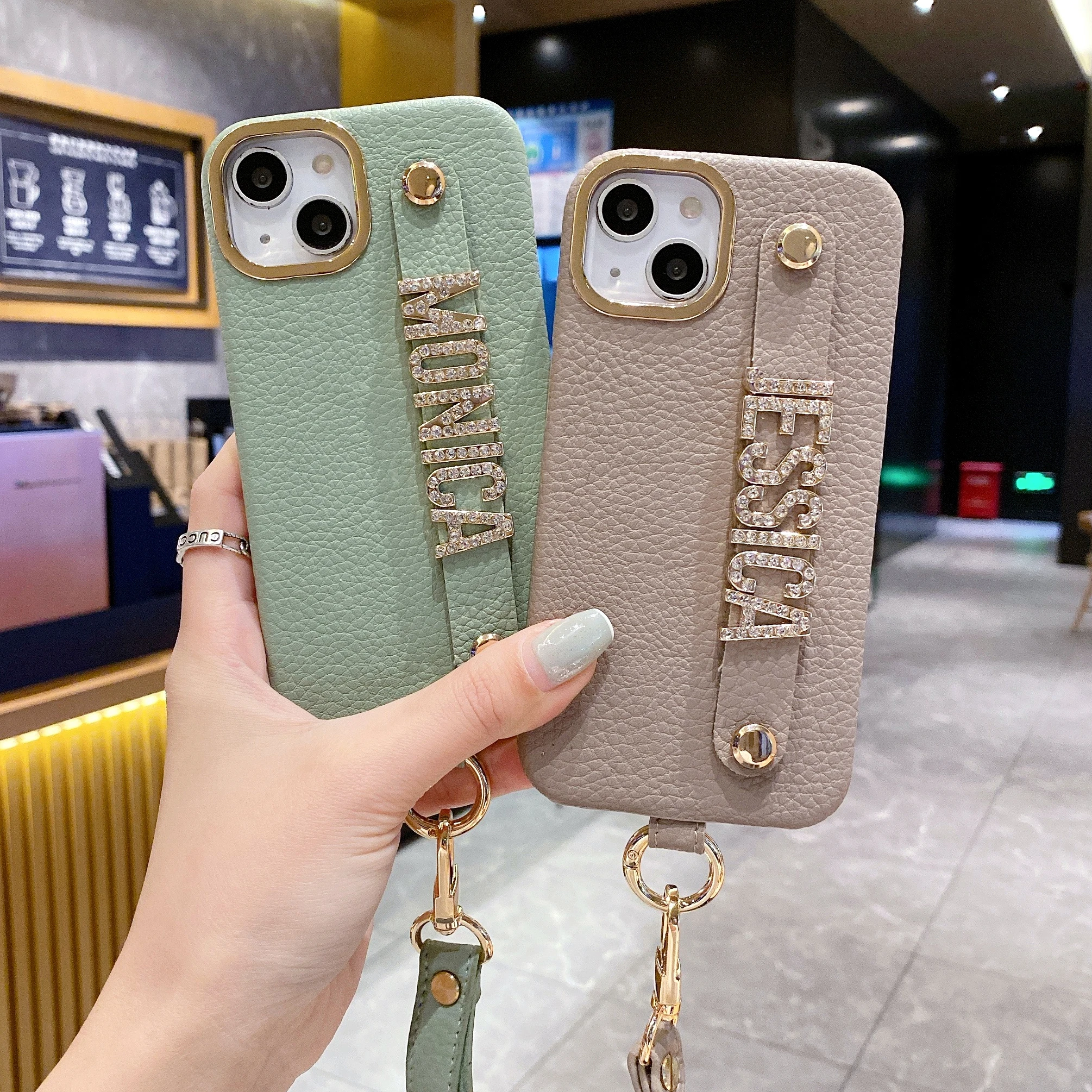 Personalise Name Letter Strap Leather Phone Case For iPhone16 11 12 13 14 Pro Max 15 16Plus Lanyard Diamond Metal Letter Cover
