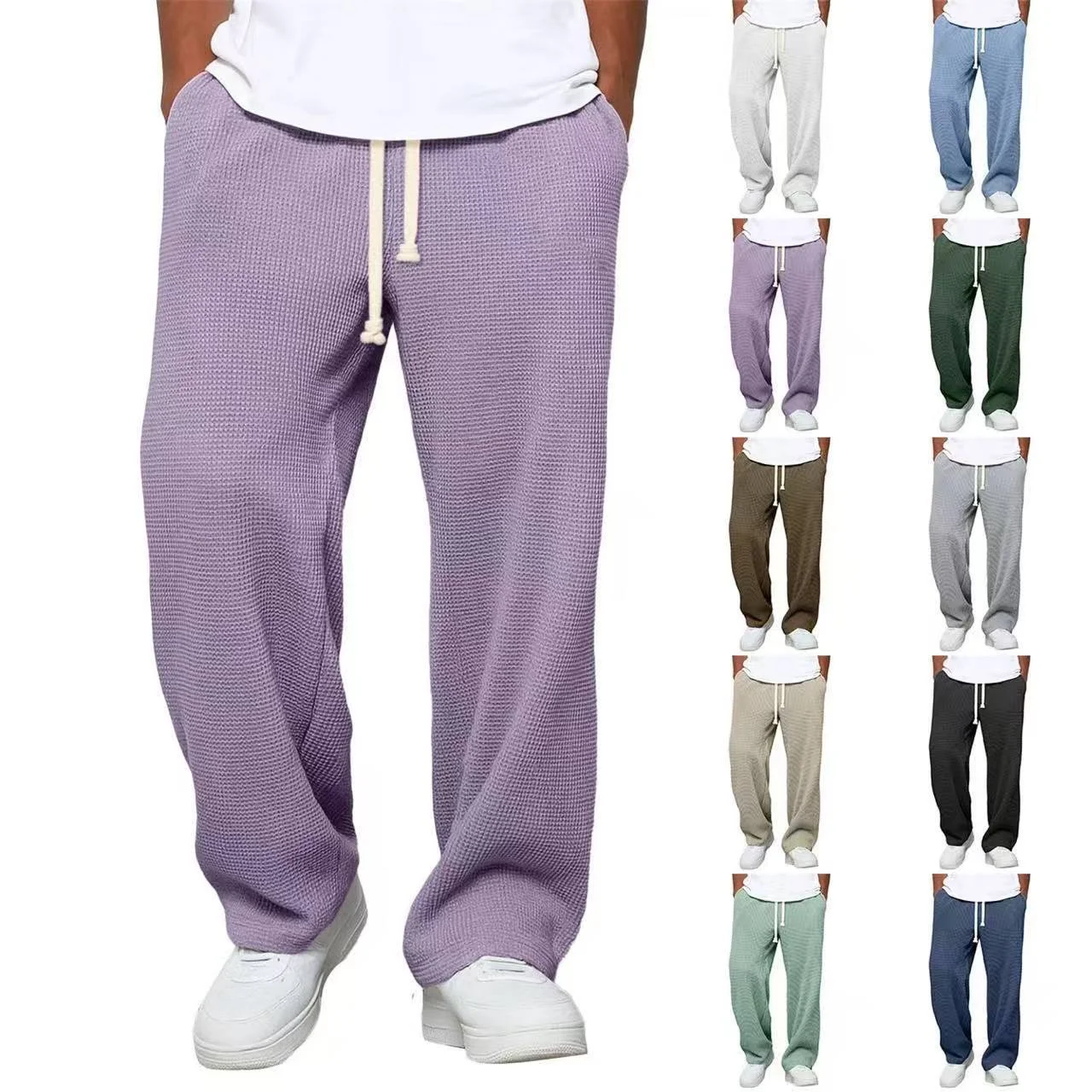 Men's Sweatpants 2026 New Men's Waffle Knit Sweatpants Loose Fit Joggers Casual Trousers Straight Leg Wide Leg Lounge Pants