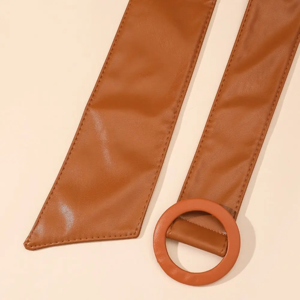 Adjustable Length Faux Leather Waist Belt Wide Soft Wide Waist Belt Self-Tie Closure Round Buckle Self-Tie Belt