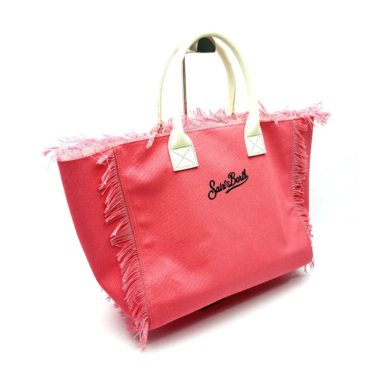 Bolsa rosa para mulheres, bolsa de ombro com zíper e borla, bolsa de lona de grande capacidade