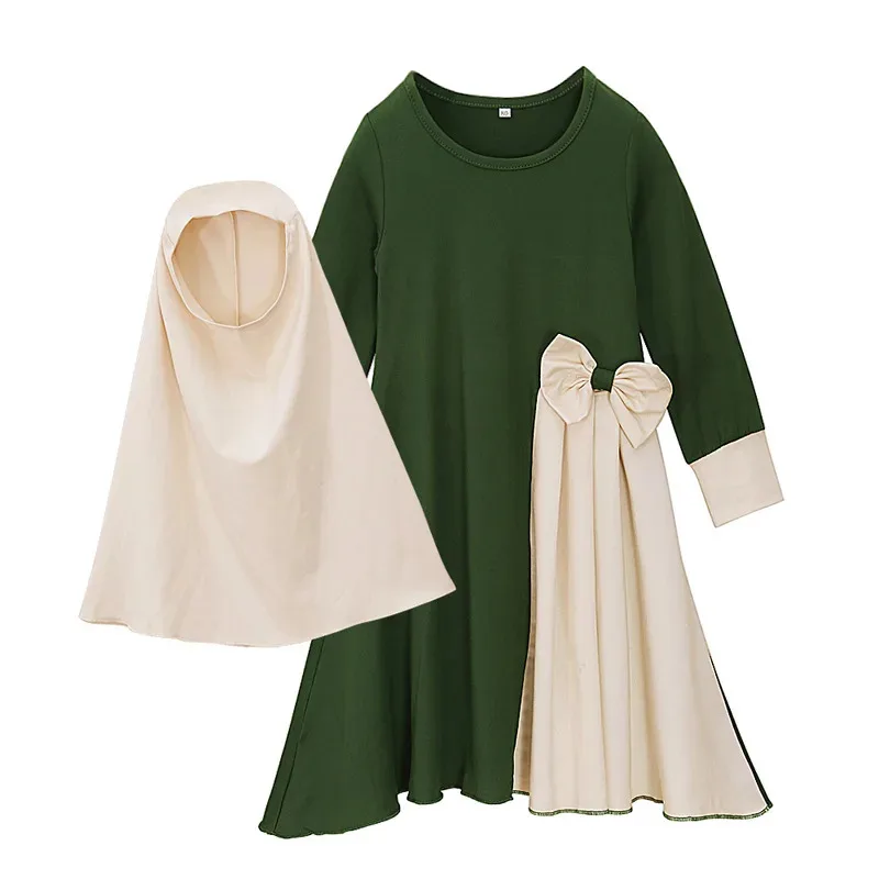 

Ins Style Muslim Girls Abaya Dress Prayer Robe Jilbab for Baby to Kids 1-10Y Islamic Burka With Hijab Bow Contrast Color Green