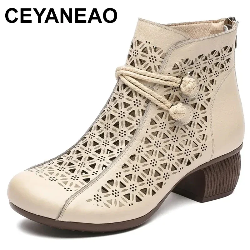 

Summer Ankle Boots Genuine Leather Shoes Women Mid Heels Sandals Side Zip Boots Cutout Breathable Mujer Zapatos