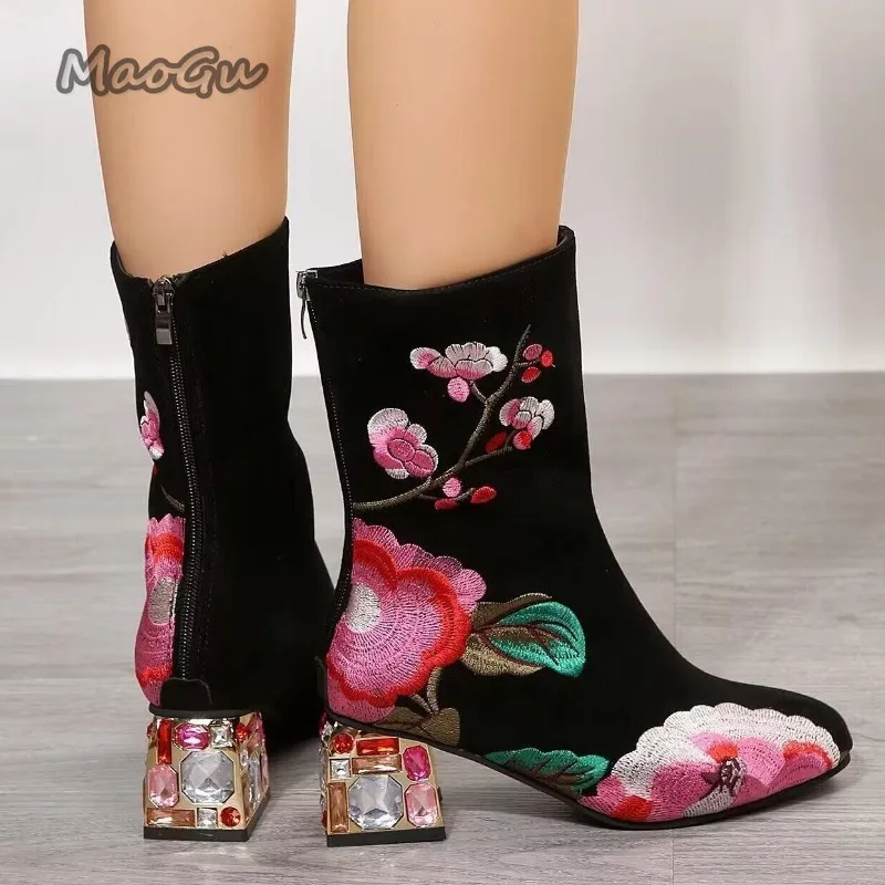 Women's Flower Embroider Ankle Boots Autumn Fashion Colorful Rhinestone Square Heels Zipper Vintage Short Boots Botas Feminina