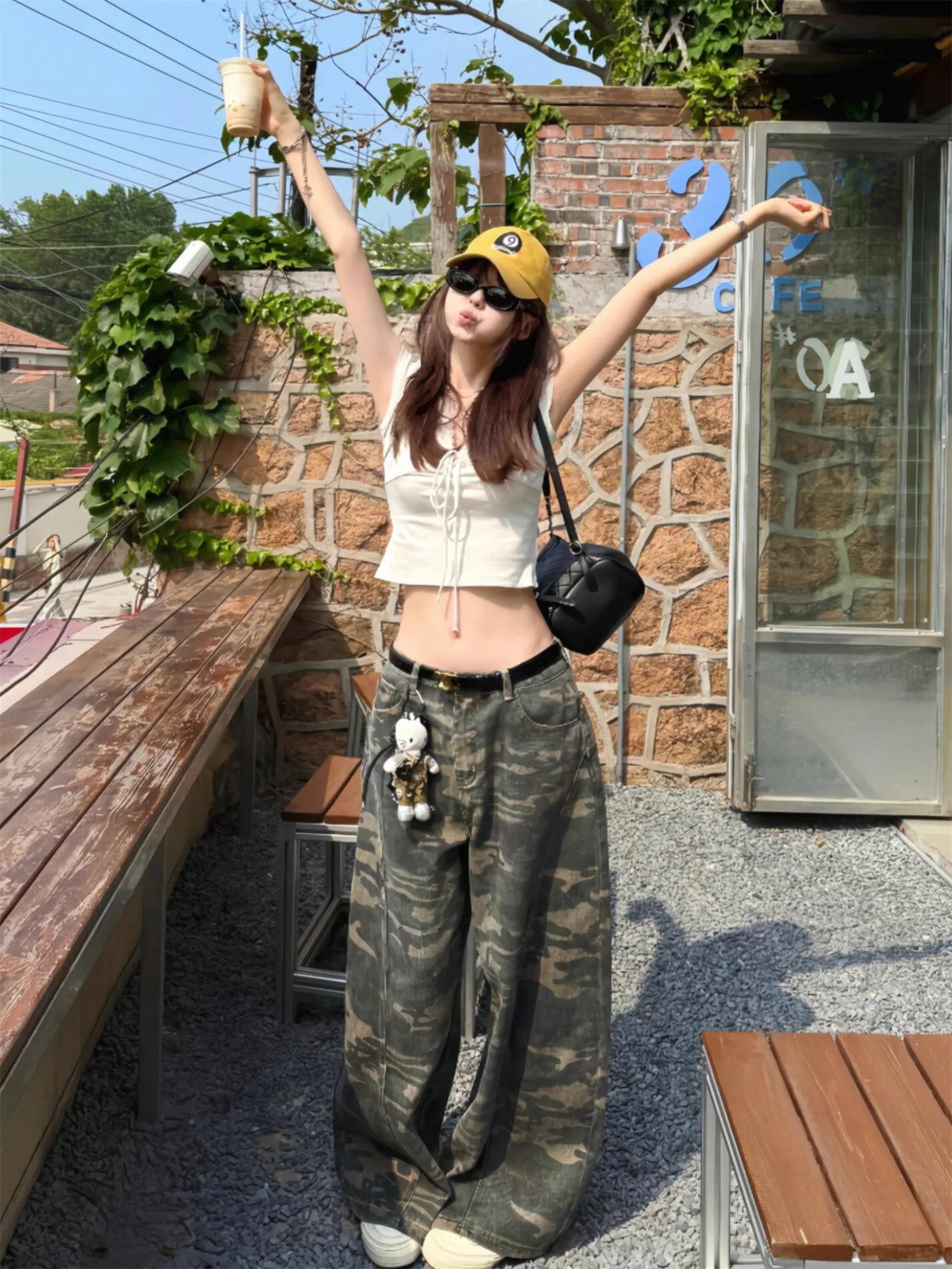 

American Street Style Camouflage Wide Leg Jeans Women Loose Slim High Waist Extended Washed Straight Tube Floor-Length Pants