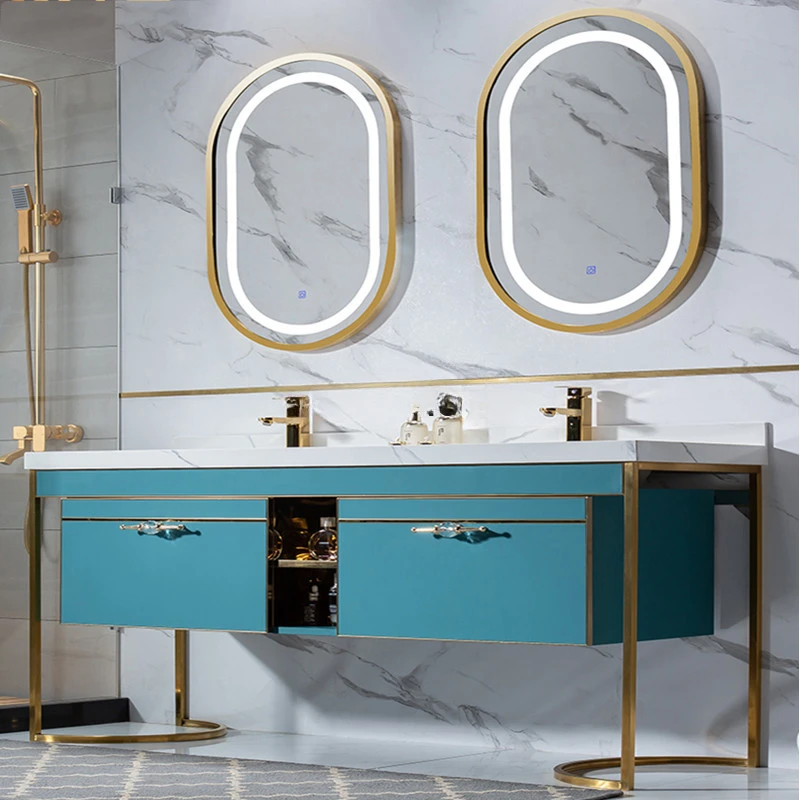 

Stainless Steel Bathroom Cabinet Combination Light Luxury Stone Plate Washstand Bathroom Double Basin Smart Mirror Floor Cabinet