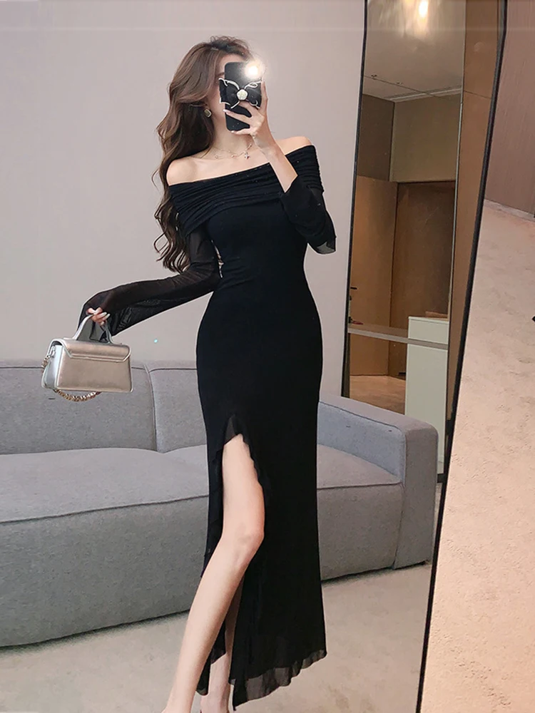 Women Clothes Mesh Black Sexy Off-Shoulder Skinny Maxi Long Evening Dress Elegant Lady Fashion Party Club Prom Vestidos Robe New