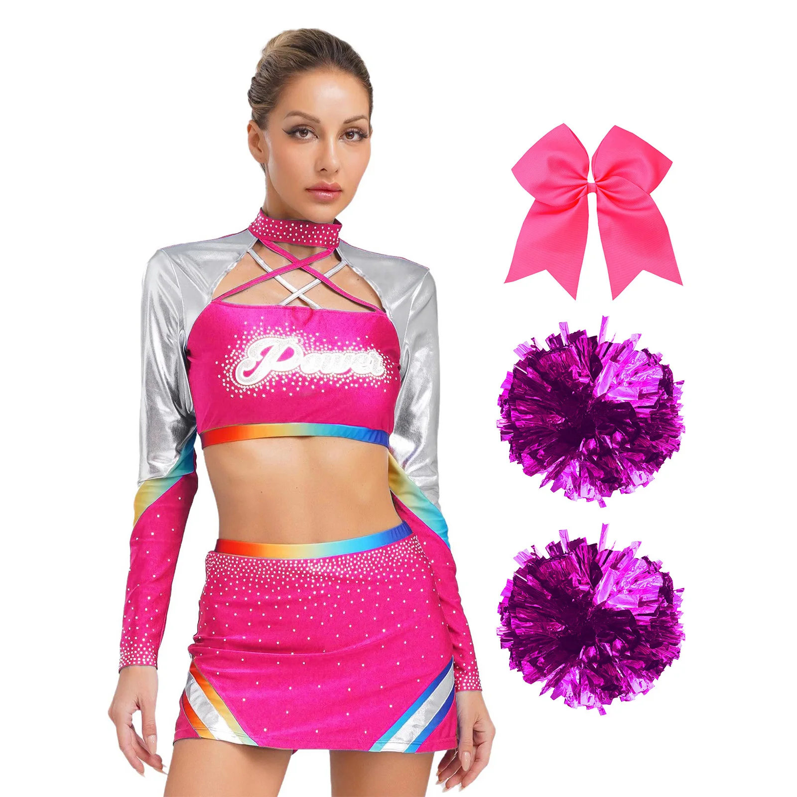 

Women Matches Cheer Dance Performance Outfits Crop Tops with Skirt Cheerleading Hand Flowers And Hair Ties Set Cheering Suits
