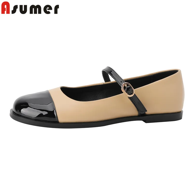 

ASUMER Plus Size 34-42 New Genuine Leather Shoes Women Flats Mixed Color Mary Janes Flat Shoes Spring Summer Ladies Lolita Shoes