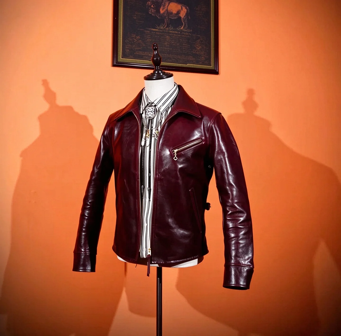LK1431 Vegetable Tanned Horsehide Leather Jacket Men Retro Lapel Zip Up Genuine Leather Motorcycle Outerwear