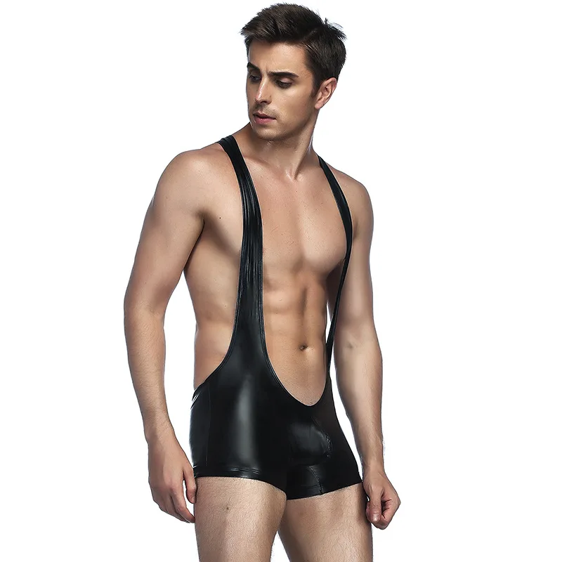 PU leather Men's Black One-piece Underwear Adult Dance Funny Shoulder Strap Boxer Shorts Panties Stage Show Jumpsuit M-2XL