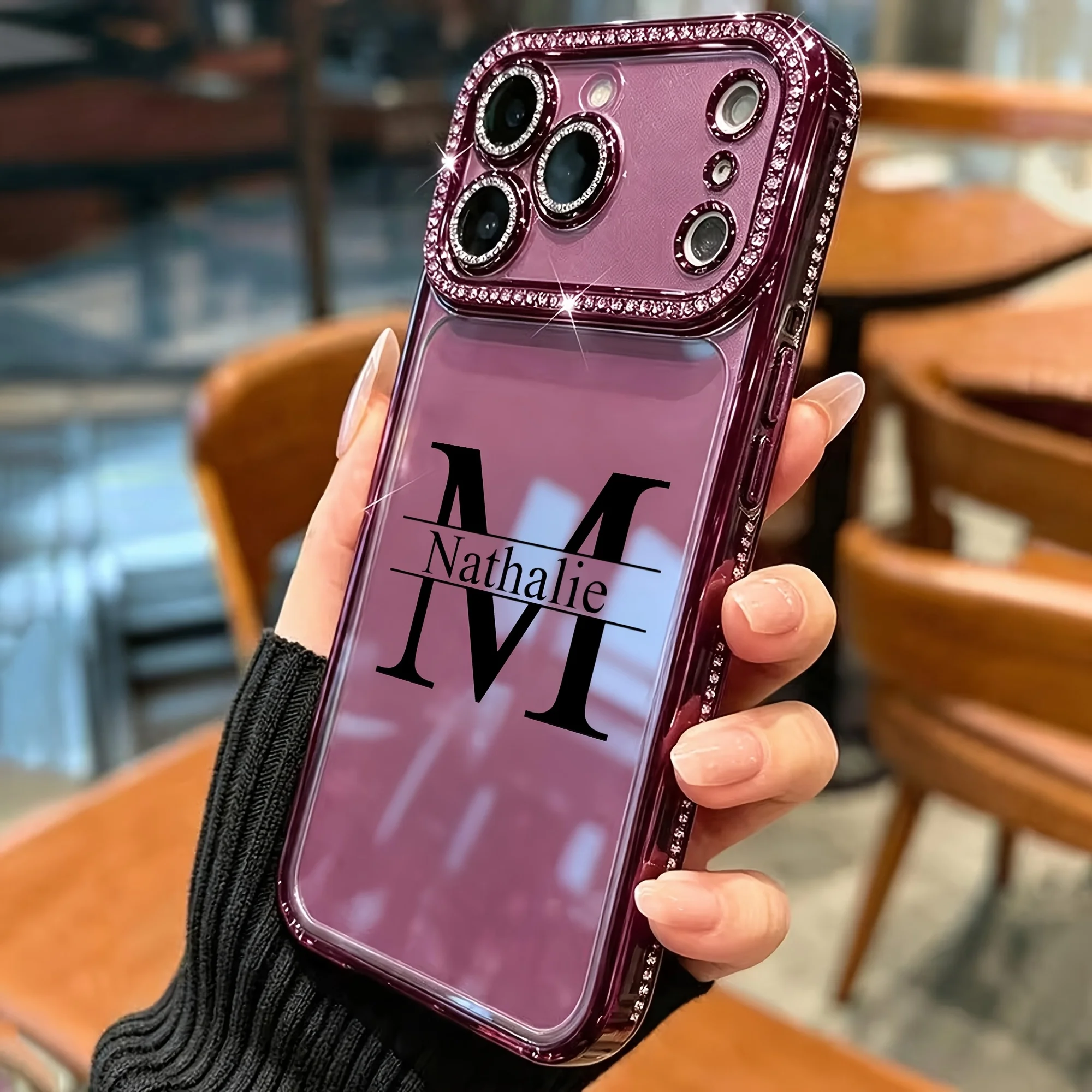 Custom Personalized Name And Initial Letter Rhinestone Border Gradient Glitter Phone Case For Iphone 18 17 16 15  Pro Max