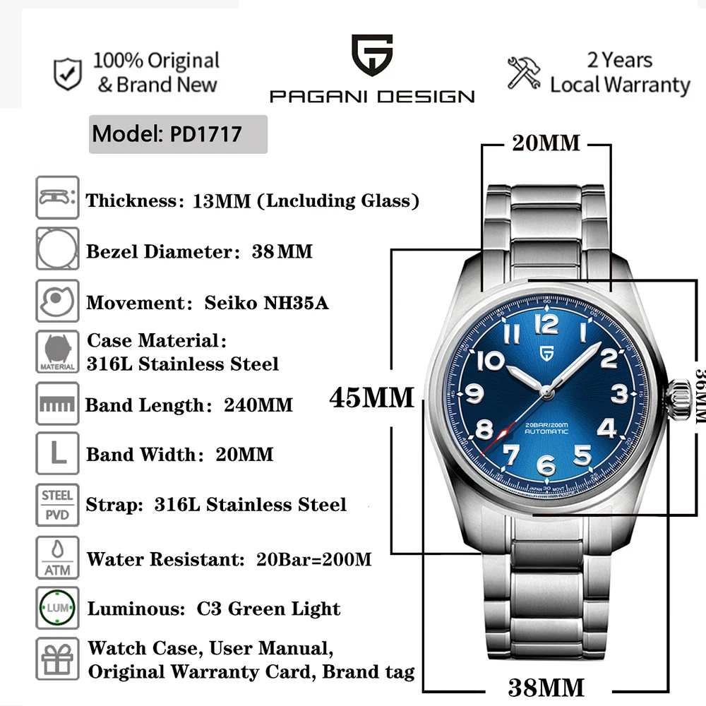 Pagani Design 38Mm Automatische Mechanische Horloges Saffier Topmerk Nh35 200M Waterdicht Rvs Horloge Voor Mannen Pd1717 V2