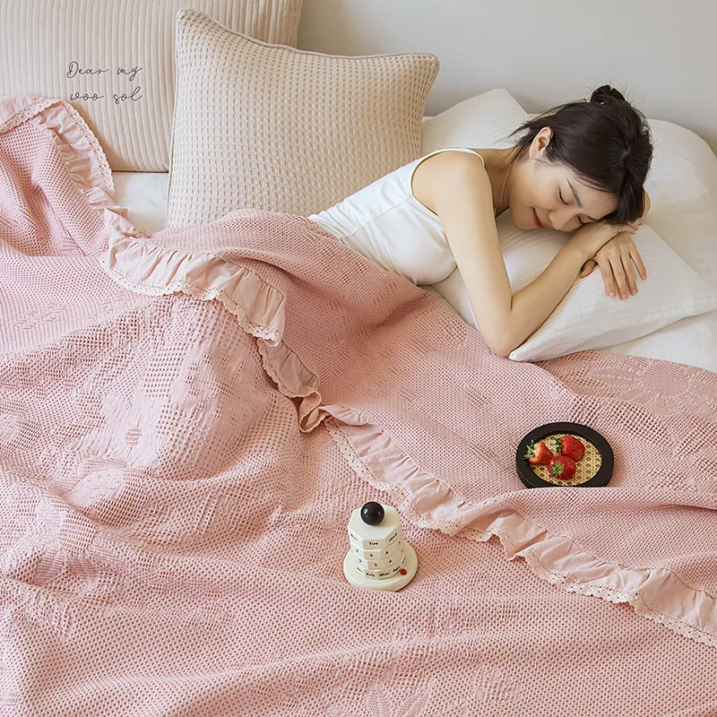 

Japanese Furbelow Blankets Summer Pure Cotton Waffle Relief Obscure Throw Blanket Double Bed Sofa Cover Blanket Quilts Bedspread