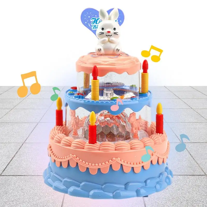 Electric Children Cake Lighting Music Toy Electric Flash Music Automatic Carousel Pink Blue Cake With Rabbit Candle Accessories