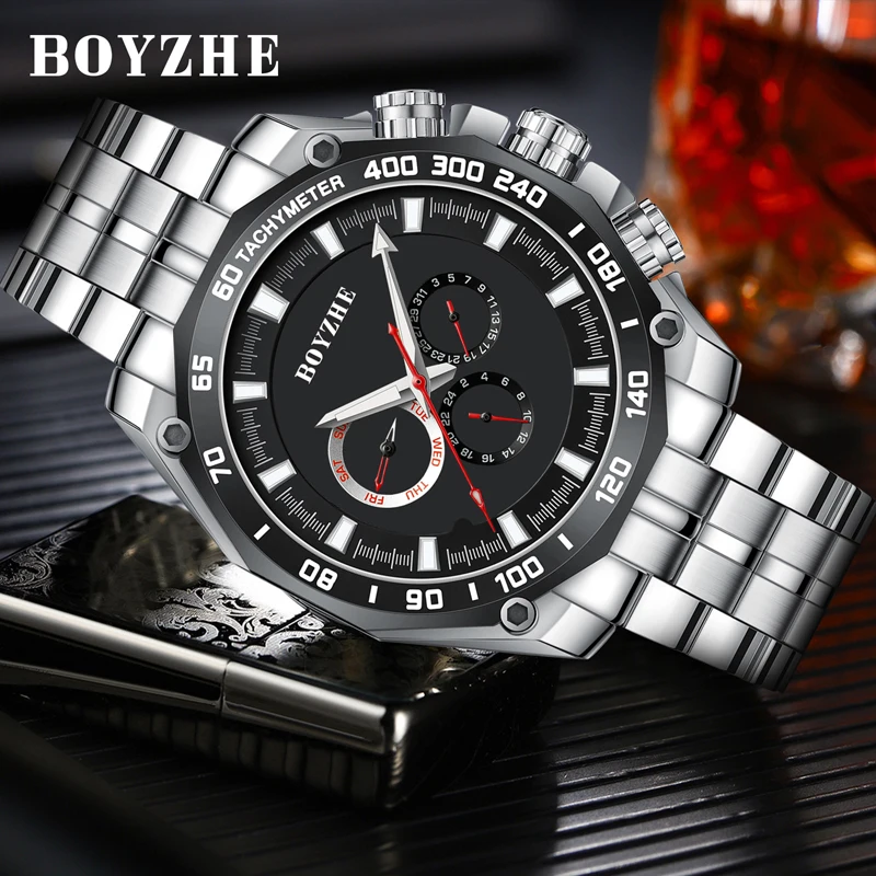Reloj mecánico completamente automático de gama alta de marca BOYZHE, calendario semanal para hombre, reloj de lujo luminoso de acero inoxidable resistente al agua para hombre