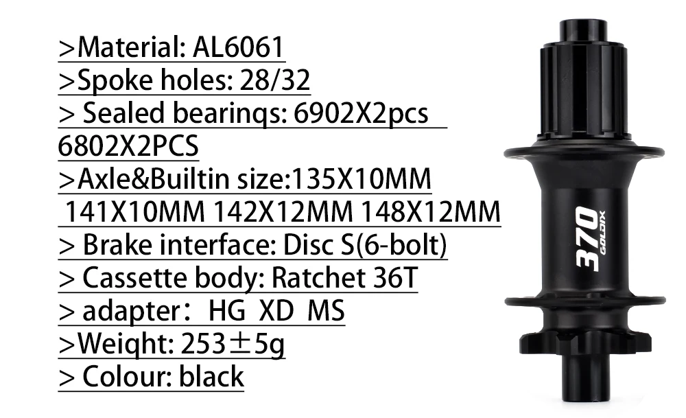 GOLDIX M370 28H Boost MTB Hub J-Bend 36T Ratchet 6-Bolt Disc Sealed Bearings HG XD MS Front Rear Mountain Bike Wheel Hub Parts