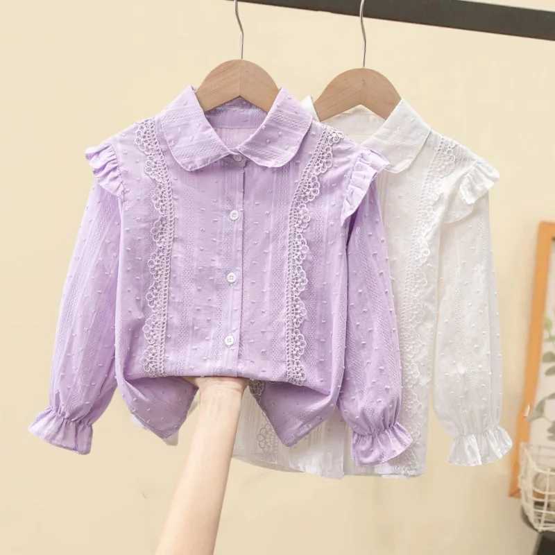 

От 4 до 15 лет, весенне-осенняя одежда для маленьких девочек-подростков, кружевная блузка с оборками и длинными рукавами, школьная хлопковая рубашка для девочек, детские рубашки