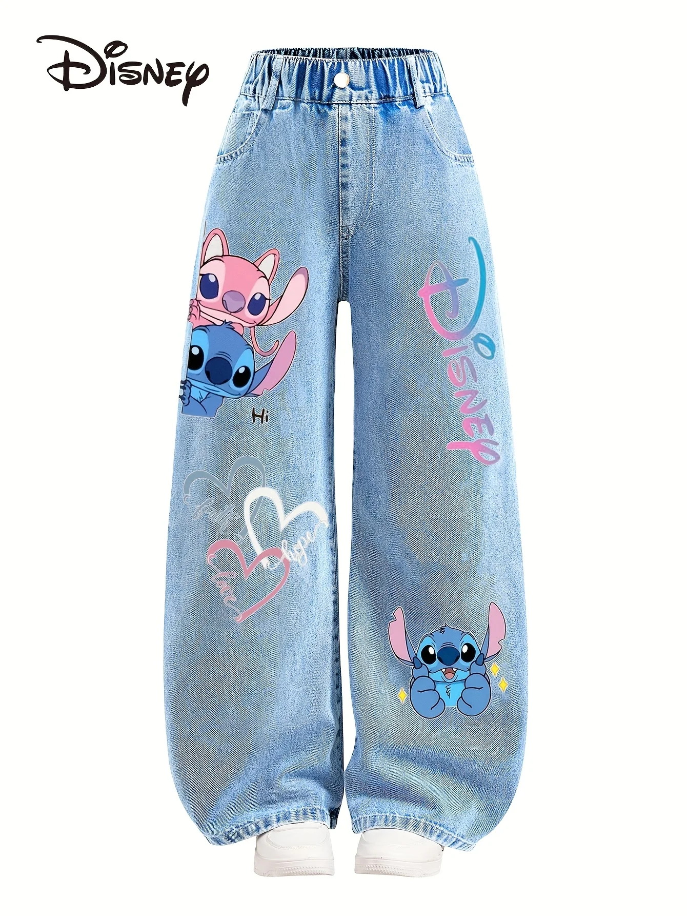 

Disney-Stitch pattern young girl's Y2K straight and loose jeans, fashionable and versatile style, full elastic waist.