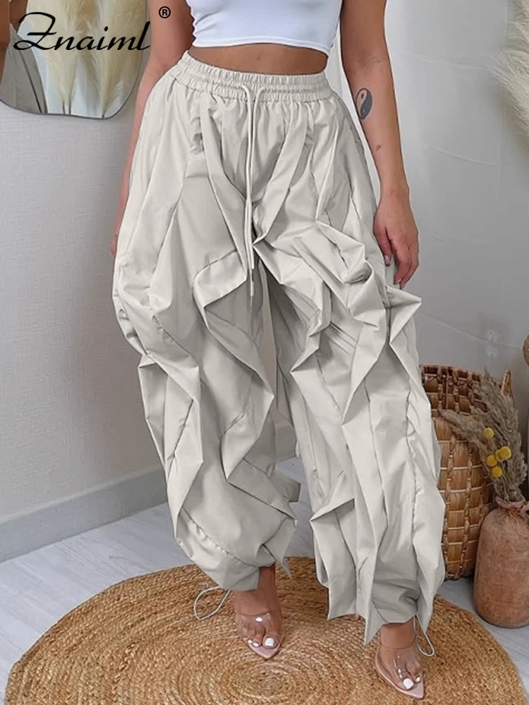 

Znaiml High Waist Drawstring Patchwork Cargo Pants for Women Ruffles Casual Streetwear Fashion Loose Lantern Trousers bottoms