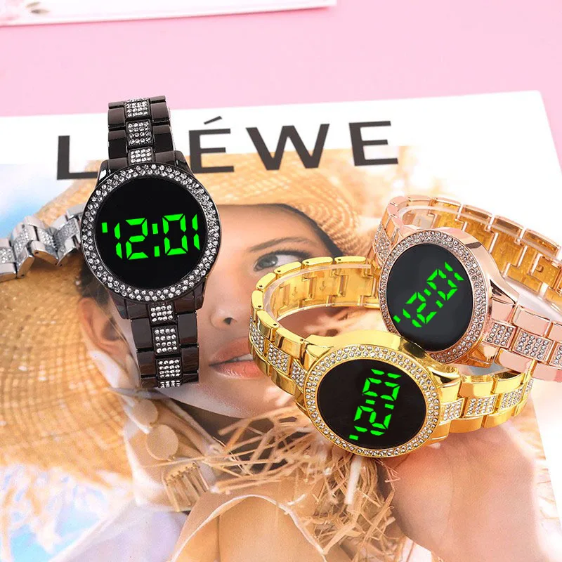 الماس LED اللمس الإلكترونية ووتش المرأة الفاخرة الصلب حزام المرأة الساعات الطالبات الاتجاه ساعة اليد
