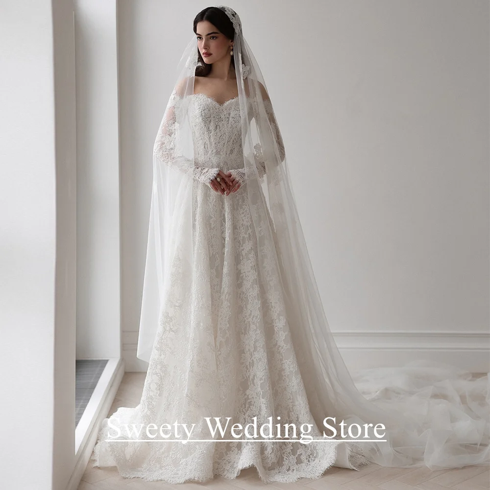 Saudi-Arabien Hochzeitskleid, maßgeschneidert, herzförmig, volle Ärmel, Perlen, Spitze, Brautkleid, Sweep-Zug, arabische Brautkleider