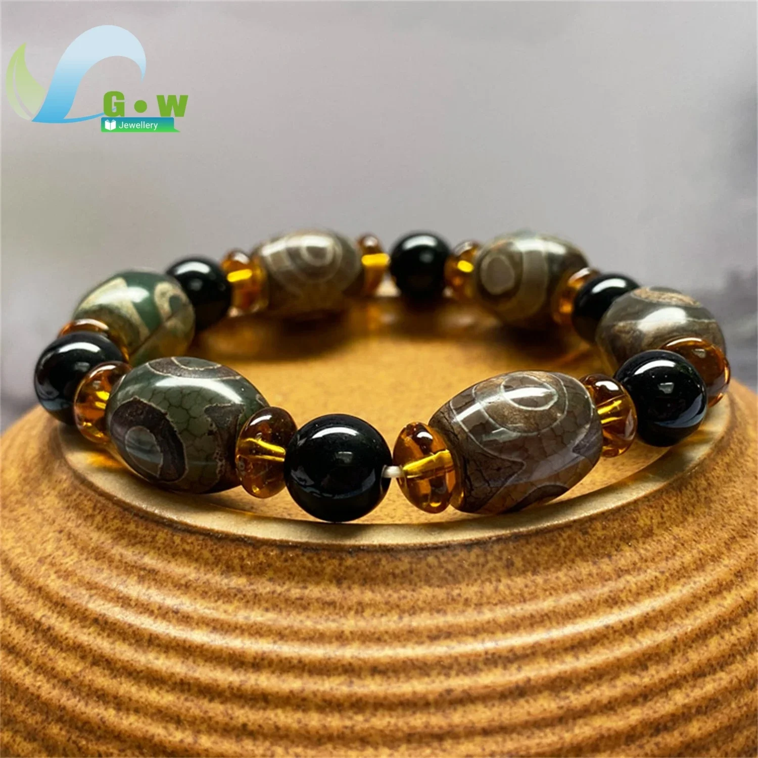 Natural Old Agate Stone Bracelet Tibetan Dzi Bead Three Eye Pattern Hand Knotted Cord Stretch Elastic Wristlet Yoga Meditation