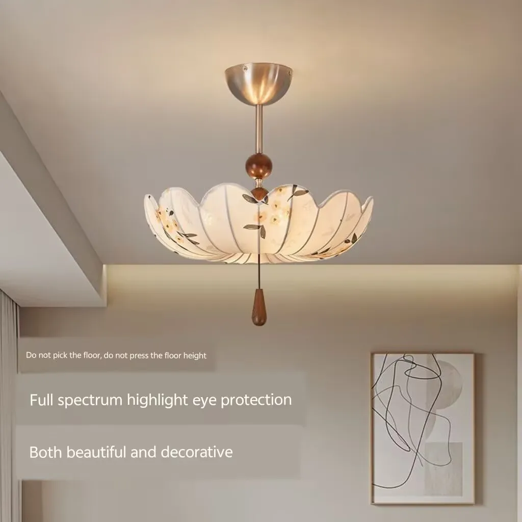 

Floral fabric ceiling lamp, restaurant bar pendant light, vintage walnut eye protection lamp.
