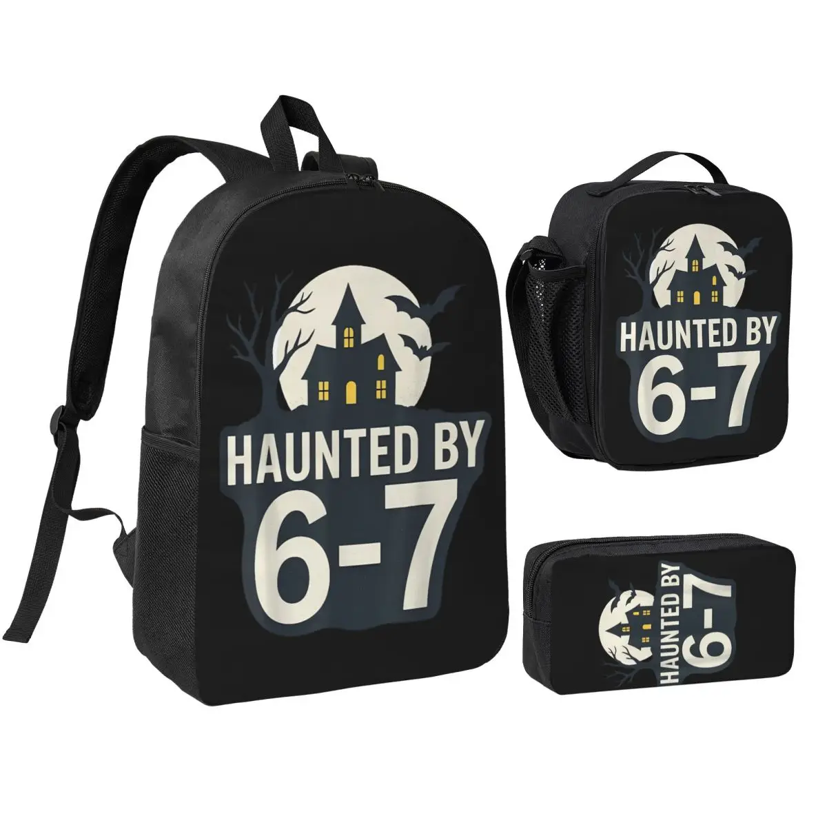 

3 шт./компл. 67 Meme House Spooky - рюкзак Six Seven Gen Alpha для студентов обратно в школу, рюкзак, сумка для обеда, пенал