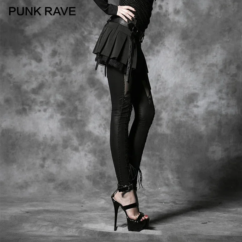 PUNK RAVE kobiety Sexy dobra gumka flokowane legginsy z wiązaniem i koronką Gothic Retro czarny Patchwork Slim długie spodnie Punk Rock odzież