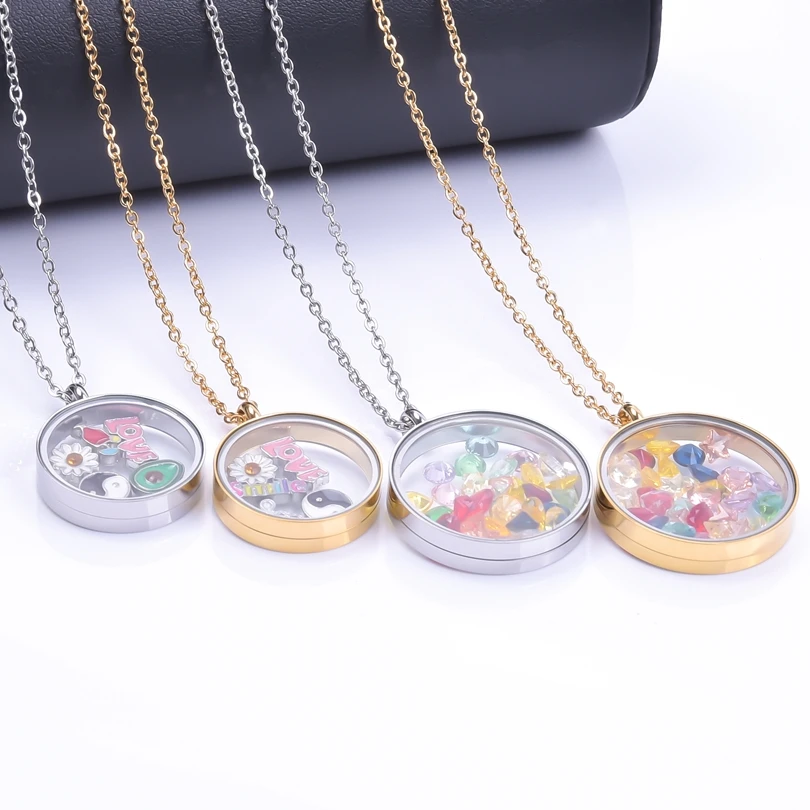 1Pc Stainless Steel Round Glass Memory Picture Medaillon Locket Pendant Women Necklaces Living Relicario Collier Homme Jewelry