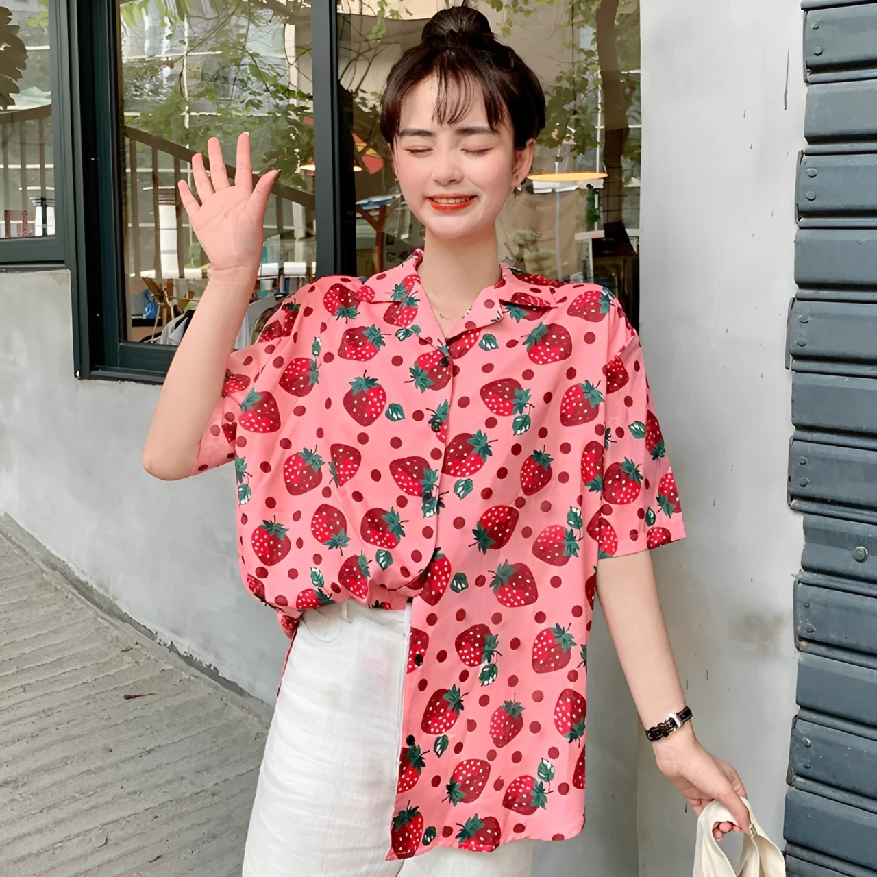 

Летняя пляжная женская рубашка, топ в стиле Харадзюку, кавайная блузка для девочек, милая блузка с короткими рукавами и принтом клубники в горошек, женская Гавайская блузка Camisa