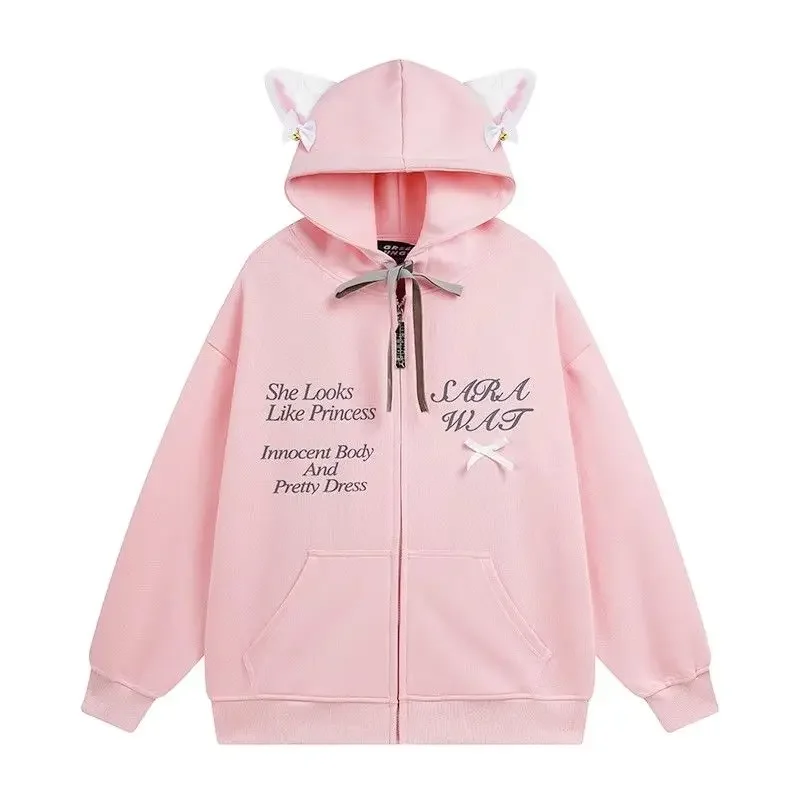 Hooded Sweatshirt Women Autumn Winter Padded Thickened Loose Cardigan Letter Print Sweats Hoodie Zipper Collegiate Style Jacket