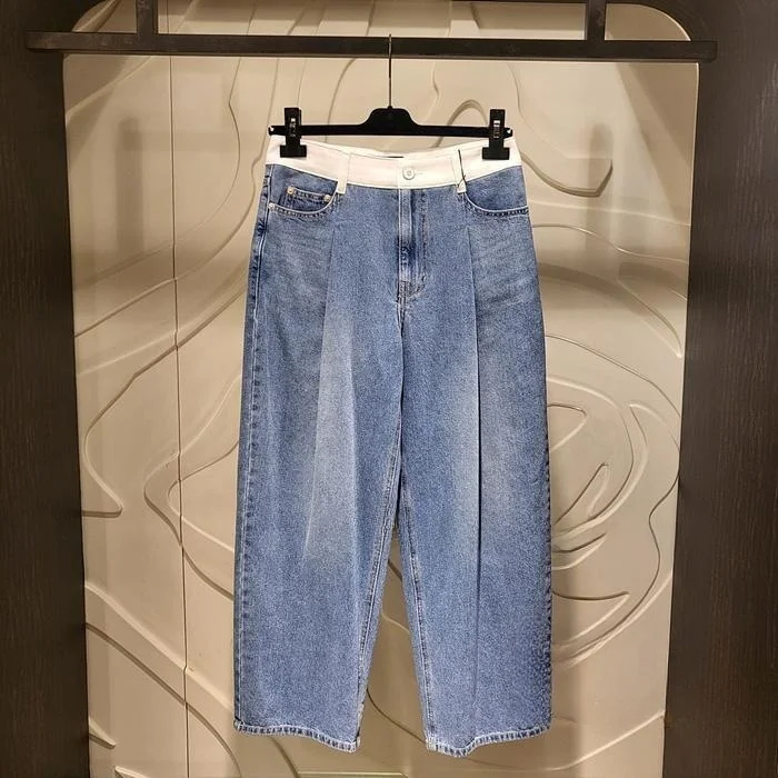 

Slimming Cotton Denim Jeans mid High Waist Pleated Color Blo Commuter Versatile Thin Cotton Self Kept Sle Light Wa