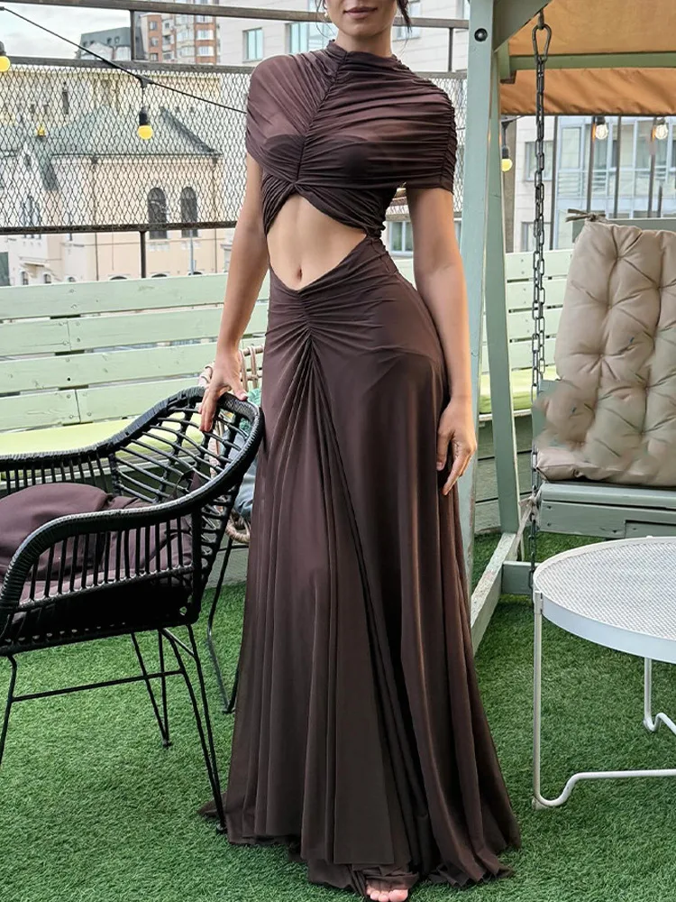 เดรสยาวรัดรูปผ้าตาข่ายรูดระบายสำหรับผู้หญิง ดีไซน์เว้าช่วงตัว เซ็กซี่ โปร่งบาง แฟชั่น เสื้อครอปท็อปเข้ารูป ทรงบอดี้คอน ยาว หรูหรา เหมาะสำหรับงานปาร์ตี้และสวมใส่ในชีวิตประจำวัน