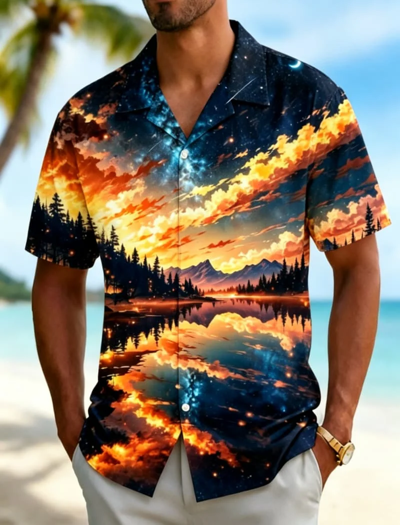 Men's Sunset Landscape Print Vacation Shirt，for Picnic Outings, Casual Commute, Weekend Trips and Relaxed Daily Wear