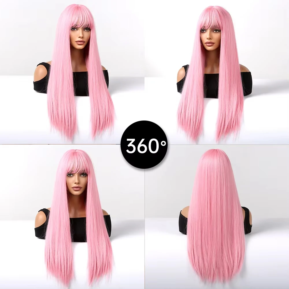 Light Pink Long Straight Hair Synthetic Wig for Halloween Cosplay Costume Party, Daily Wear, High-Temperature Silk Wig Cap