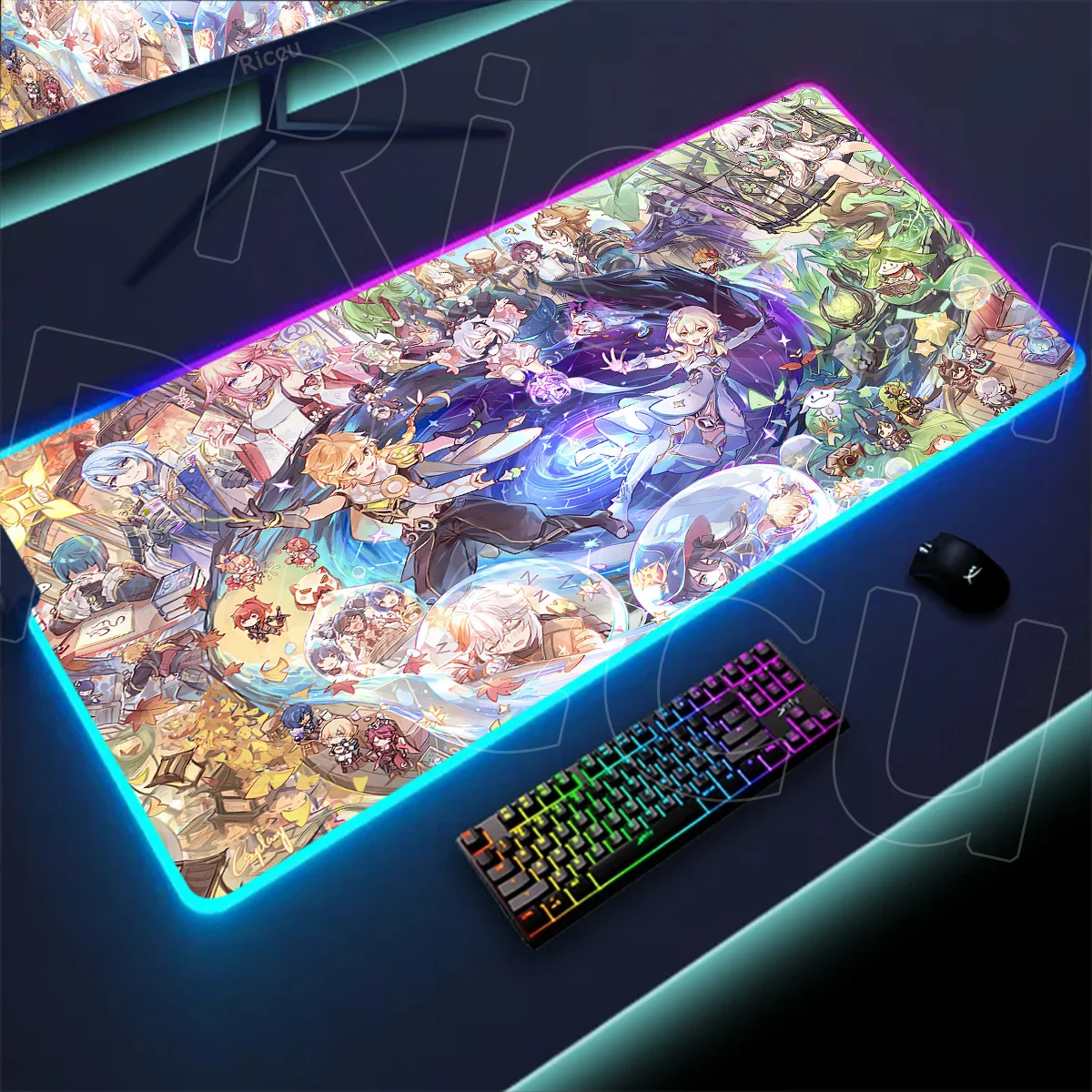 

Genshin Impact Game RGB Mouse Pad Group Photo Large Laptop Computer Keyboard E-Sports PC Anime Desk Mats Natural Rubber Mousepad