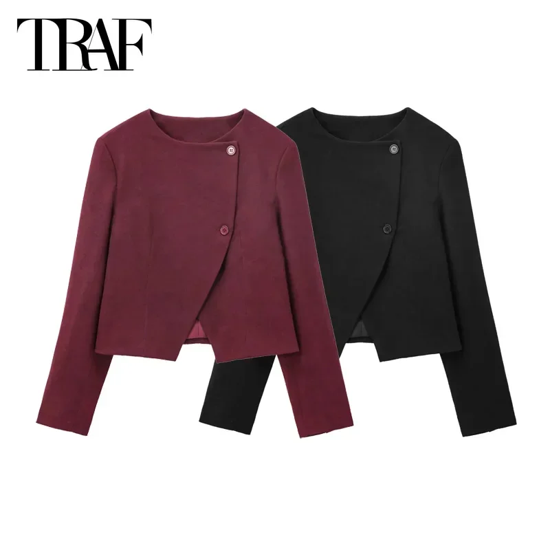 TRAF Women\'s Jackt Burgundy Cropped Jackets Women 2024 Autumn Asymmetrical Short Coats Office Wear Long Sleeve Black Outerwears