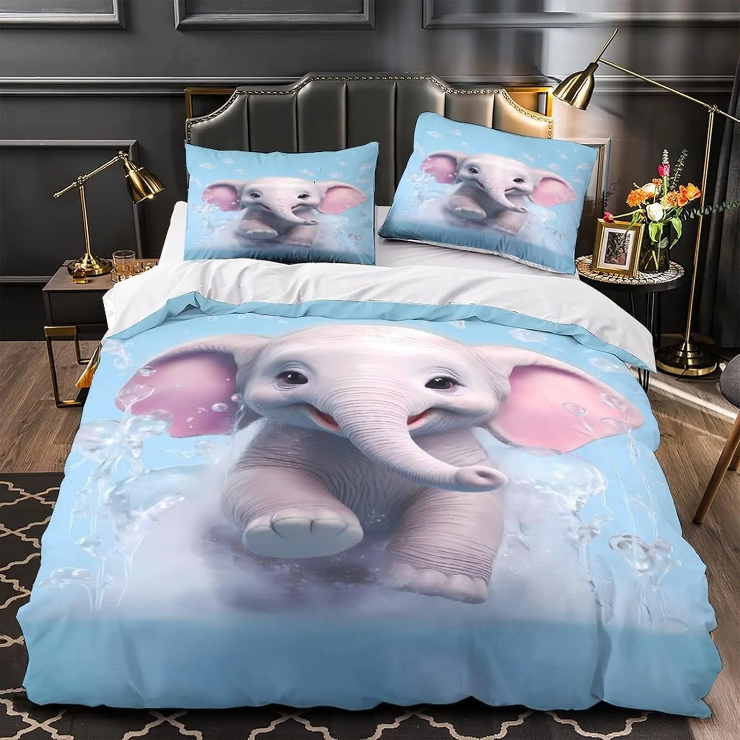 Cute Baby Elephant Comforter Cover All Season Bedding Set Pillowcase,Cartoon Animal Duvet Cover Set Easy Care for Bedroom Decor