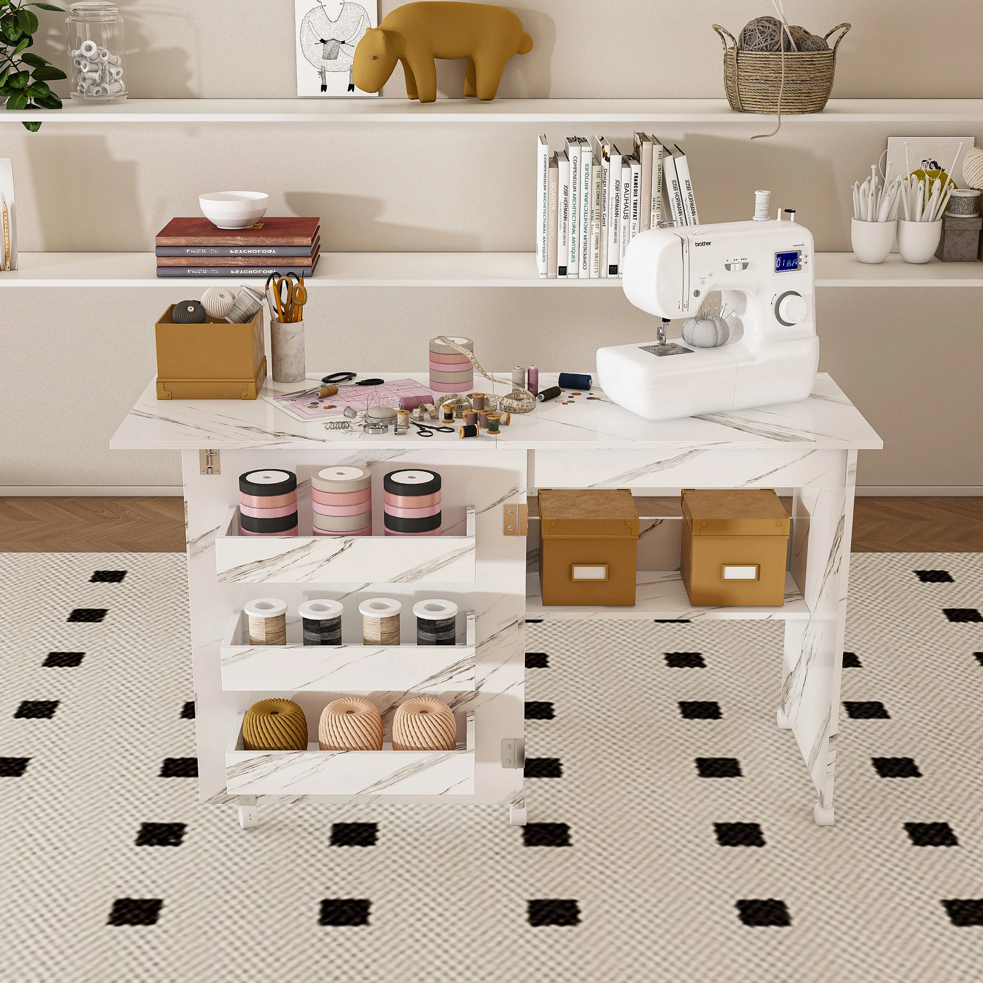 Folding Dining Table Sewing Machine Table Shelf Kitchen Storage with Shelves ,Rolling Sewing Machine Table for Apartments