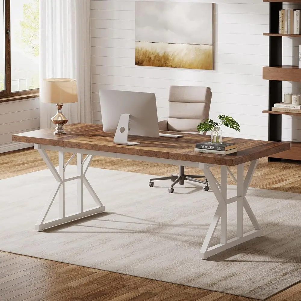 

Large 70.86-Inch Executive Desk, Industrial Style Home Office Computer Desk, Simple Long Writing Study Table in Brown-White
