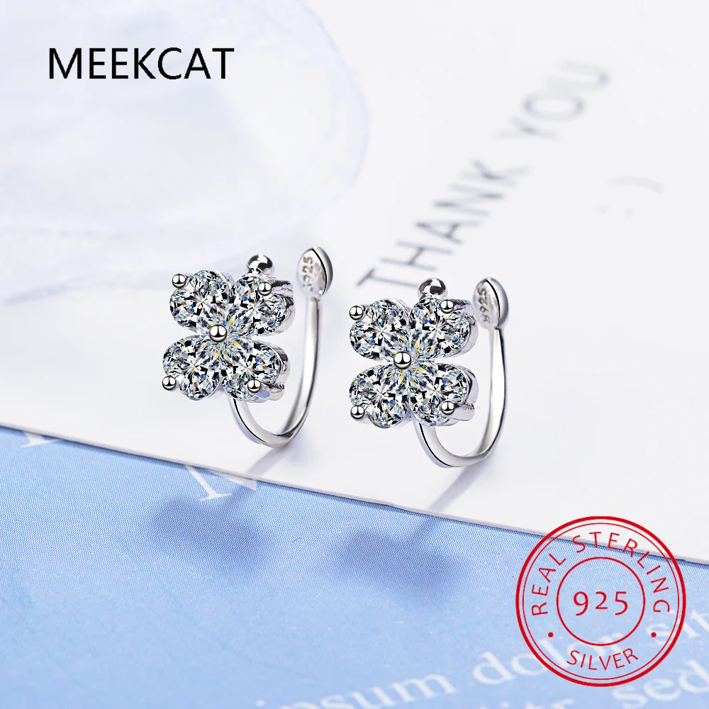 925 Sterling Silver Created Moissanite Gemstone Diamond Four Leaf Clover Ear Cuff Clip Earring Wedding Fine Jewelry Wholesale