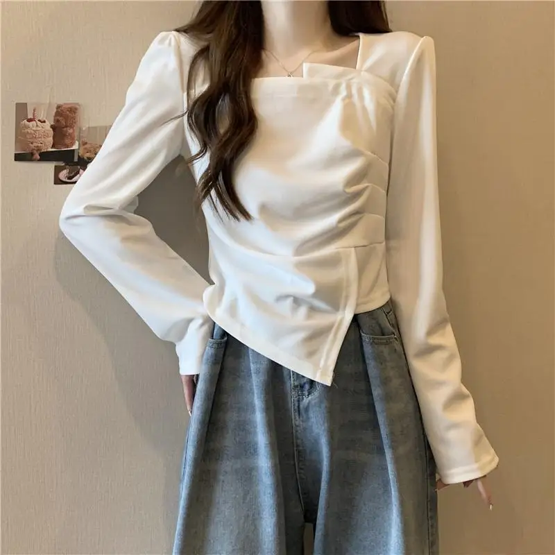 

Irregular Stylish Folds T-shirt 2024 Spring Autumn Elegant Square Collar Female Clothing Solid Color Basic Long Sleeve Pullovers