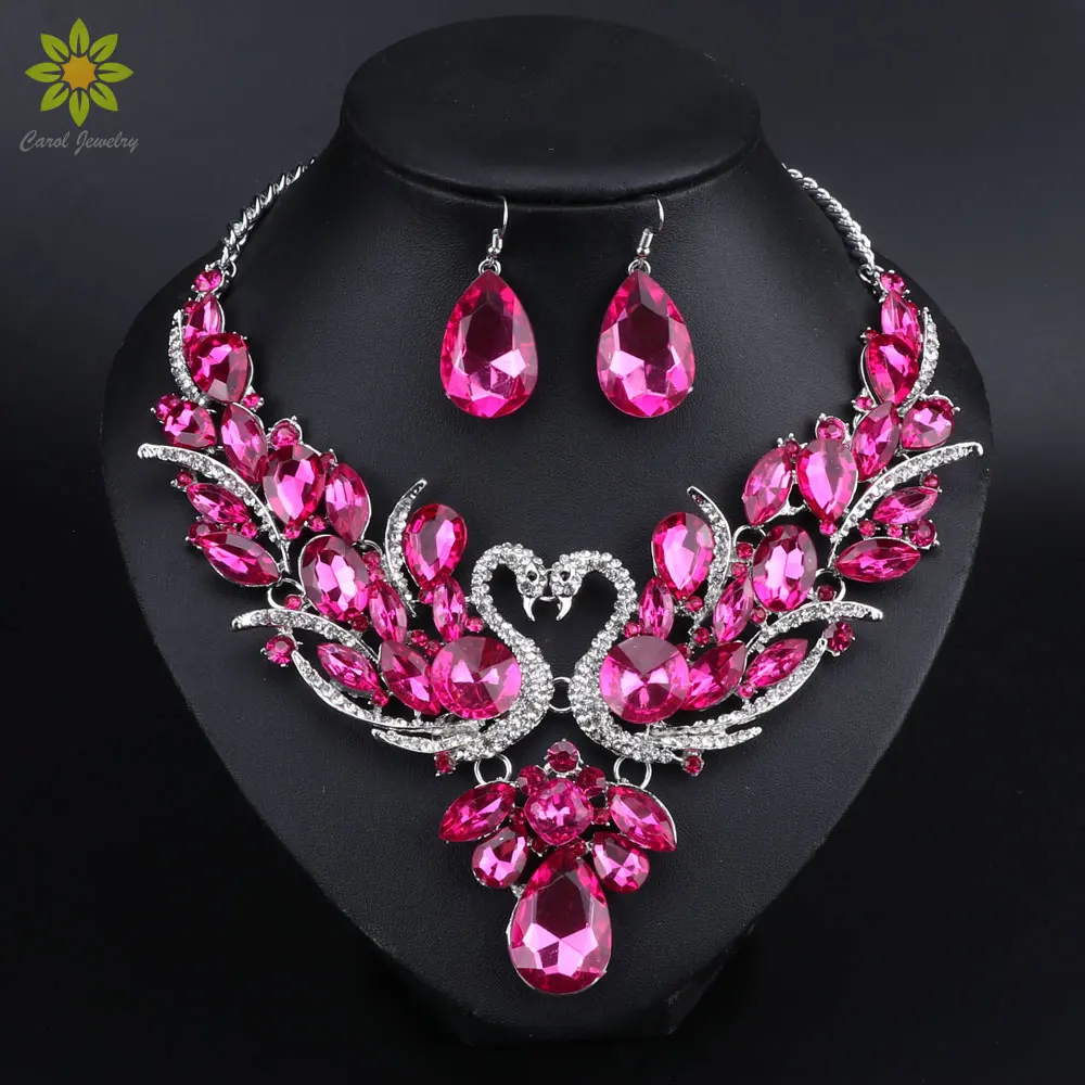 Rose Red Crystal Bridal Jewelry Set For Brides Swan Pendant Necklace Earrings Set Wedding Party Costume Accessories Women