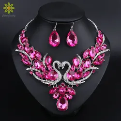 Rose Red Crystal Bridal Jewelry Set For Brides Swan Pendant Necklace Earrings Set Wedding Party Costume Accessories Women