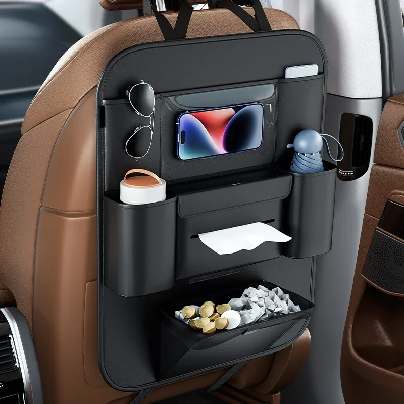 Car Seat Back Hanging Organizer Leather Auto Backseat Storage Bag With Cup Holder Universal Trash Bin Tissue Box Phone Pockets