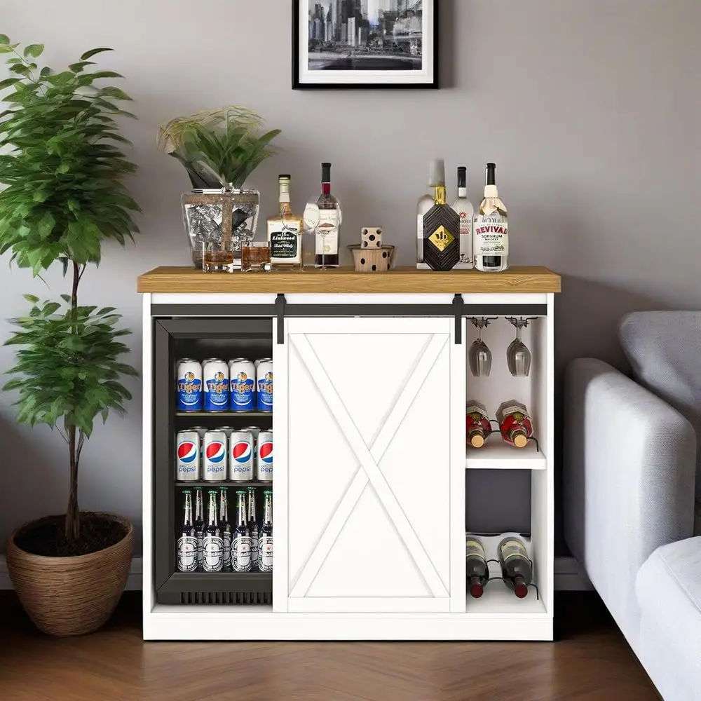 

Coffee Bar Cabinet with Fridge Space, Farmhouse Wine Cabinet with Rack, Power Outlet for Kitchen Dining Room Living Room, White