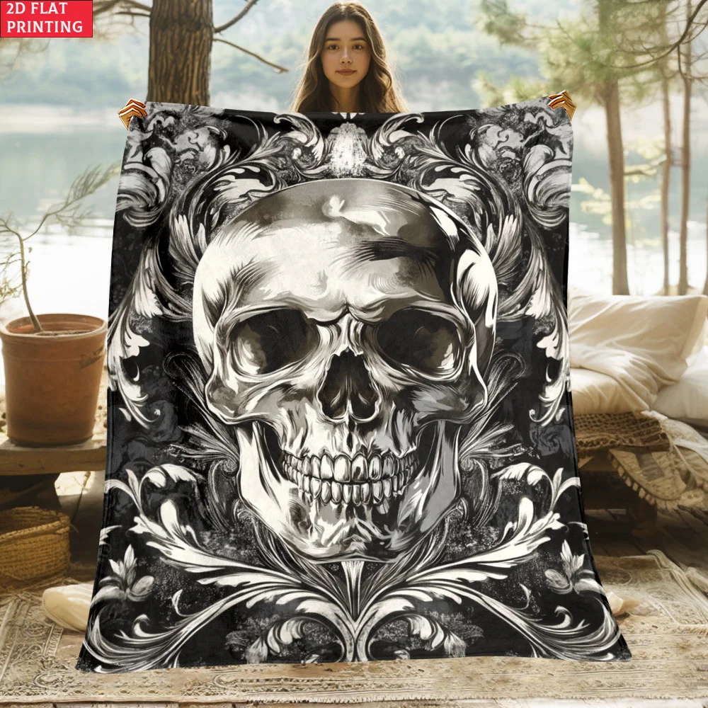 1pc Gothic Skull Print Blanket - Soft Flannel Bedspread Suitable for Sofa, Bed, Travel & Camping |   Lightweight Warm Bedding with Skull |   - Cozy Throw for,, Dorms |   Digital Printed for Home Furnishings, 2D Flat