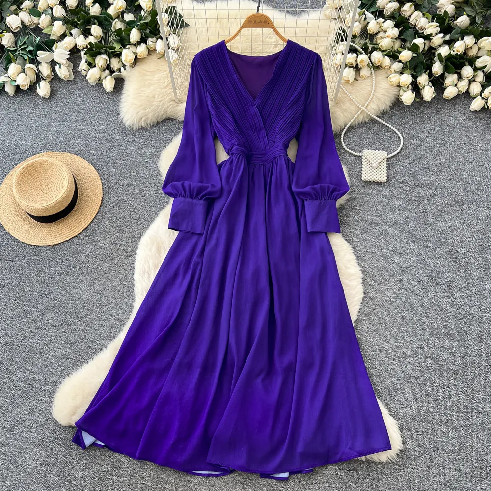 

Long Dress Women Dresses A Line Vestidos Y2k Streetwear V Neck Lantern Sleeve Tight Waist Slim Fit Elegant Party Night 2026