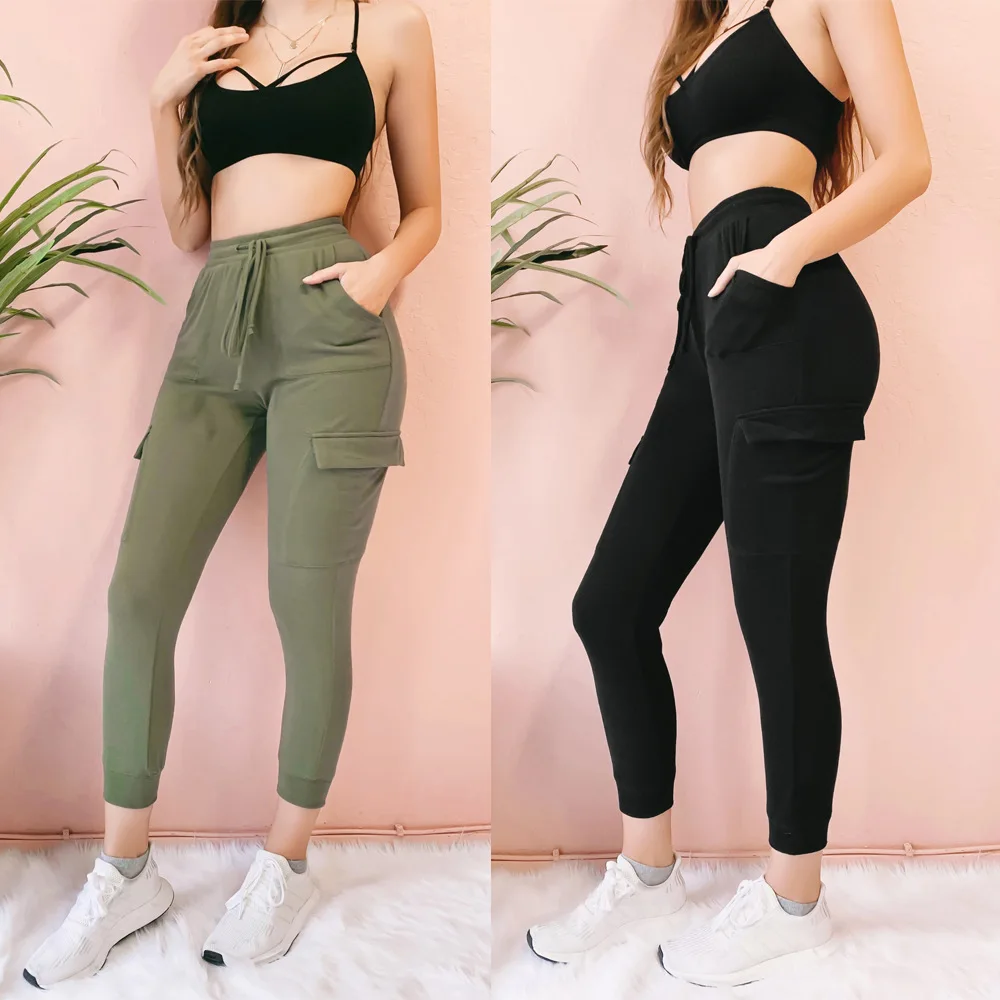 

Summer Women Skinny Elastic Mid Waist Pencil Pants Drawstring Pockets Trousers Female Casual Slim Wrap Hips Ankle-Length Pants